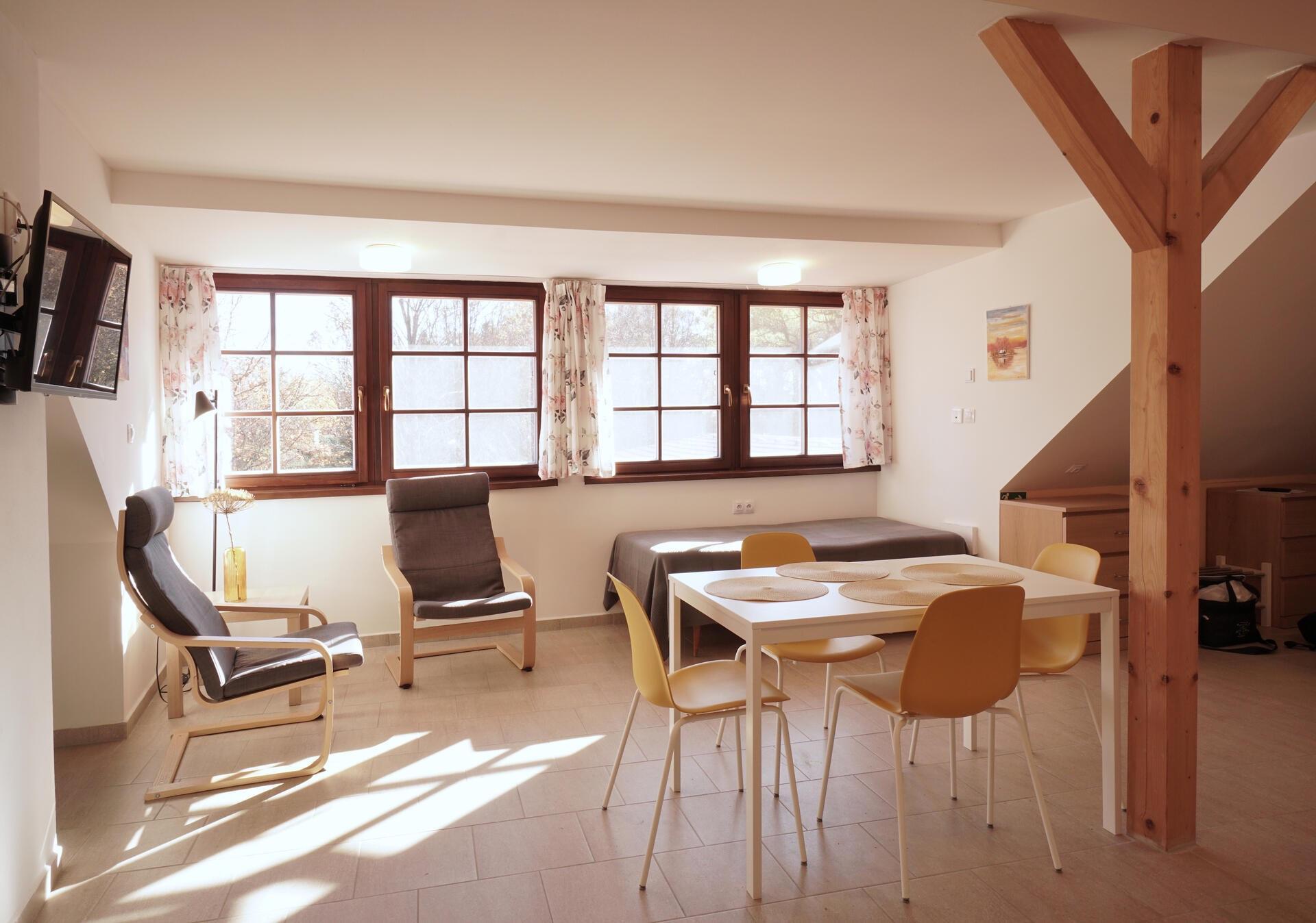 Rodinný apartmán 6 v podkroví  Čtyřlůžkové studio - Penzion V Podzámčí - bezbariérové apartmány